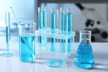 Different glassware and test tubes with light blue liquid on table in laboratory
