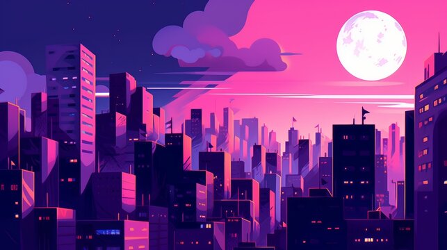 a wallpaper illustration of a night cityscape in anime neo crisp style. neon flat colors. nightsky with a big shiny moon and clouds with skyscrapers. Generative AI
