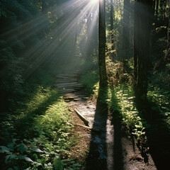 Early Morning Walk Through Lush Forest in Summer. Generative ai