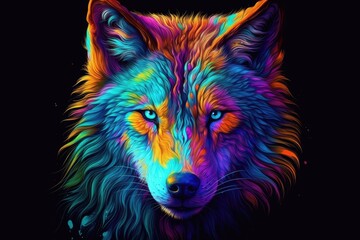 Colorful wolf portrait on black background. Animal art design. Created with Generative AI tools