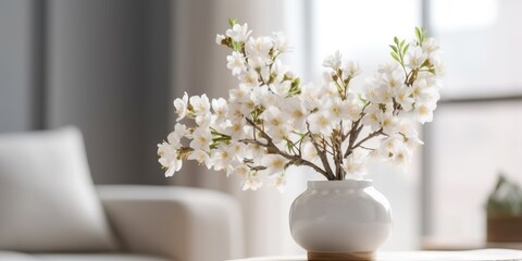 Portrait vase of cherry blossom flowers on the table with sun exposure