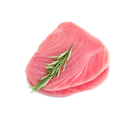 Raw tuna fillets with rosemary on white background, top view