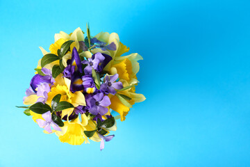 Bouquet of beautiful yellow daffodils, iris and periwinkle flowers on light blue background, top view. Space for text