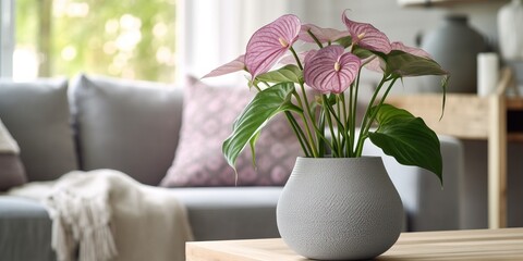 Portrait vase of anthurium on the table with sun exposure