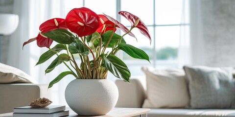 Portrait vase of anthurium on the table with sun exposure