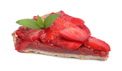 Piece of delicious strawberry tart with mint isolated on white