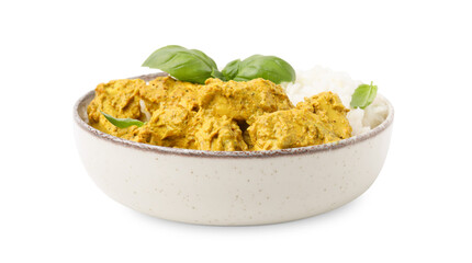 Delicious rice and chicken with curry sauce isolated on white