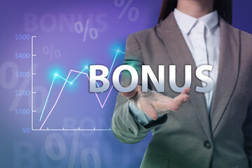 Woman holding word Bonus on color background with percent signs and graph, closeup
