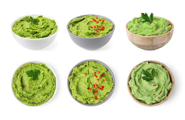 Obraz premium Collage of bowls with tasty guacamole on white background, top and side views