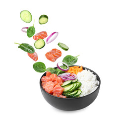 Poke recipe. Different ingredients falling into bowl on white background