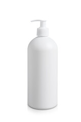 Bottle of cosmetic product with pump dispenser on white background