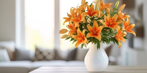 Beautiful vase of lily flowers on the table with sun exposure
