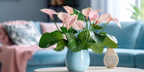 Beautiful vase of anthurium flowers on the table with sun exposure