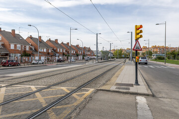 Fototapeta na wymiar Tram tracks on the surface in a town