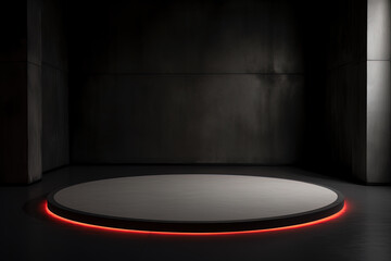 a circular platform podium with red neon light on dark background. Created with Generative AI Technology