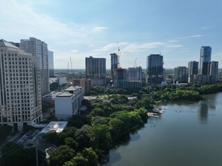 Fototapeta premium Aerial view of Austin: A vibrant and diverse city in Texas known for its live music scene, outdoor activities, and eclectic culture.