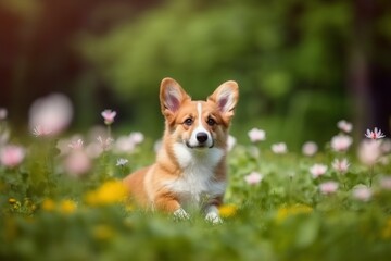 Naklejka na ściany i meble Portrait cute dog on the flower garden AI Generative