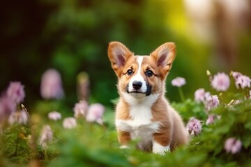 Portrait cute dog on the flower garden AI Generative