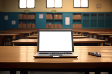 Laptop with transparent screen on top of table in classroom, laptop on top of school desk, Generative AI