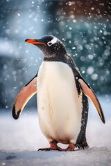 Obraz premium Portrait penguin standing in snowy hills AI Generative