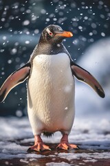 Fototapeta premium Portrait penguin standing in snowy hills AI Generative