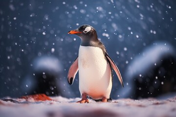 Fototapeta premium Portrait penguin standing in snowy hills AI Generative