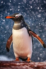 Portrait penguin standing in snowy hills AI Generative