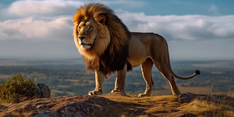 Portrait lion standing on the hills with light exposure AI Generative