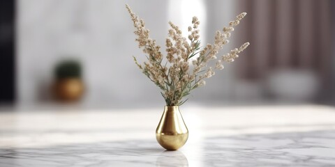 Beautiful vase of dried calluna flowers on the table with sun exposure