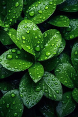Fototapeta premium top view fresh green leaves with raindrops texture