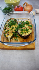 Eggplant baked with minced meat and cheese, the cooking process