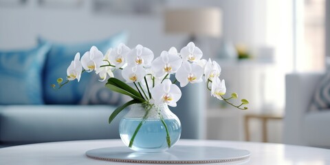 Beautiful vase of orchid flowers on the table with light exposure AI Generative
