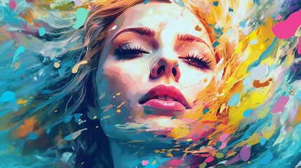 Art watercolor Portrait of beautiful sensual woman with closed eyes. Art painted Portrait of attractive girl with big colorful splashes on face and background. AI generated content.