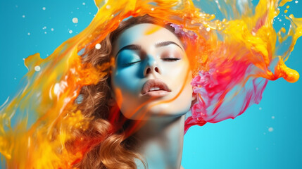 Obraz premium Art Portrait of a beautiful woman with bright makeup and colorful water splashes. Portrait of a attractive girl with colorful splashes on her face. Concept - Beauty, Cosmetics, Makeup. AI generated.