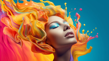 Fototapeta na wymiar Art Portrait of a beautiful woman with bright makeup and colorful water splashes. Portrait of a attractive girl with colorful splashes on her face. Concept - Beauty, Cosmetics, Makeup. AI generated.