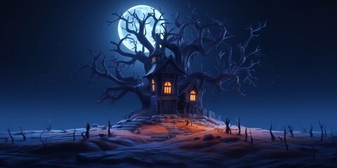 Fototapeta na wymiar Illustration house in the tree with moon light AI Generative