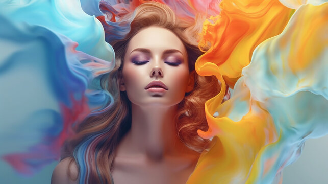 Art Portrait of a beautiful woman with make-up and colorful 3d rendered splashes on background. Portrait of  attractive girl  with colorful splashes on blue background.  Beauty, Fashion. AI generated.