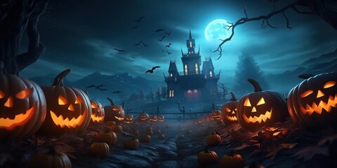 Happy halloween pumpkins and castle spooky in night made with Generative AI