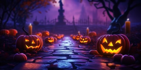 Happy halloween pumpkins around the cemetery path in made with Generative AI