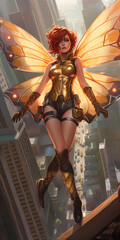 Illustration of a female superhero with butterfly wings - created with generative AI - enhanced by the artist