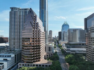 Aerial view of Austin: A vibrant and diverse city in Texas known for its live music scene, outdoor...