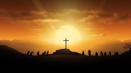 Fototapeta na wymiar cruz de jesus em lindo por do sol, simbolo do renascimento de jesus 