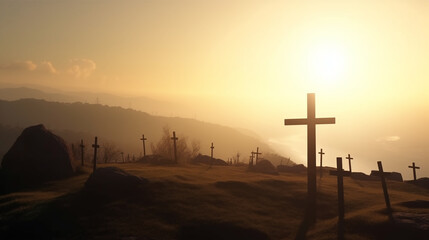 cruz de jesus em lindo por do sol, simbolo do renascimento de jesus 