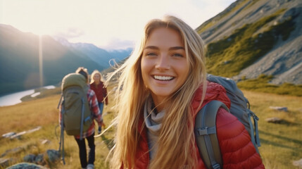 Naklejka na ściany i meble a young adult woman with a backpack on a mountain with a view of a valley and a mountain, nature and hiking, wanderlust, camping and hiking