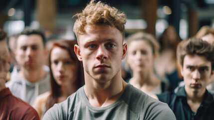 Obraz premium adult man with broad shoulders and strong, large muscles, in a tight shirt, friends in the background, athletically fit