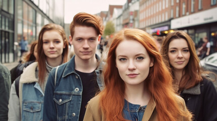 Fototapeta premium group of young people, young adults or teenagers, in a city, fictional place