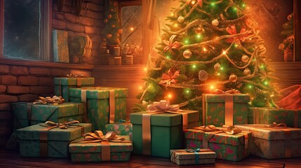 Happy Holidays - Stack of Wrapped Gifts and Decorations Under Christmas Tree. Generative AI