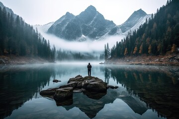 Mystical Mountain Forrest Landscape with Person and Reflection on Lake - Morskie Oko, High Tatras, Zakopane, Poland. Generative AI - obrazy, fototapety, plakaty