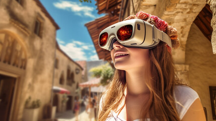 VR glasses, virtual reality glasses, goggles, content and happy, young adult woman enjoys a virtual reality travel vacation, fictional place