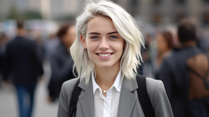Fototapeta premium Young adult woman with dyed blonde hair, wearing a light gray business suit, in a city, other people in the background, blurred background